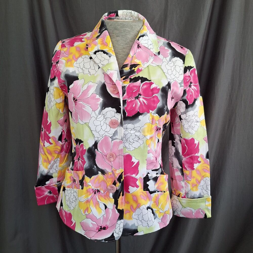 Size 6 Statement Blazer Bright Feminine White Pink Yellow Floral Office Career